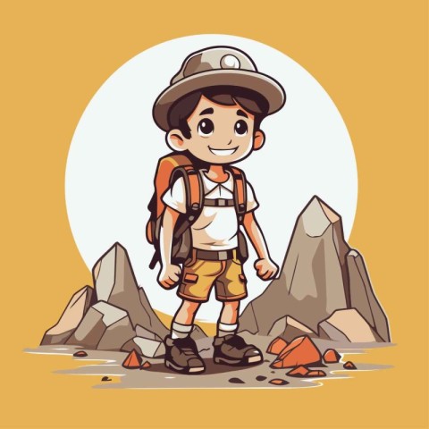 Cute boy hiker with backpack and hat. Vector illustration.