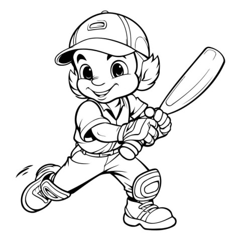 Baseball Player - Black and White Cartoon Illustration. Vector A