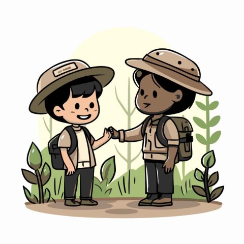 Boy and girl in safari outfit holding hands. Vector illustration