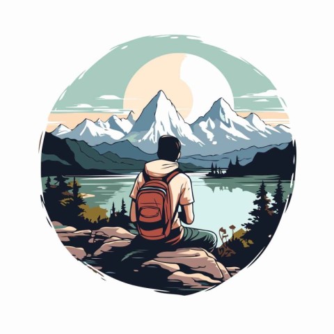 Hiker with a backpack on the background of mountains and lake. V