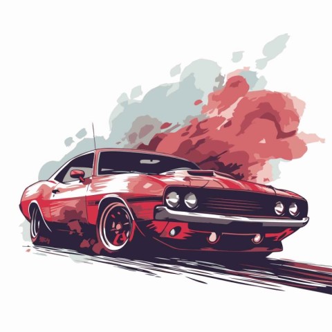 Retro car on the road. Vector illustration in sketch style.