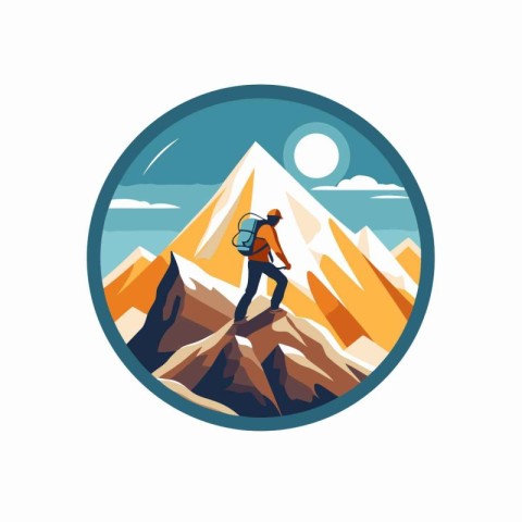 Hiker on the top of mountain. Vector illustration in flat style