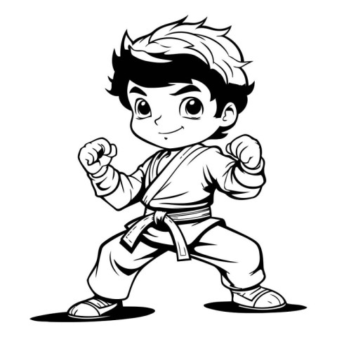 Karate Boy - Black and White Cartoon Mascot Illustration