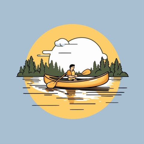 Man in a canoe on the lake. Vector illustration in flat style