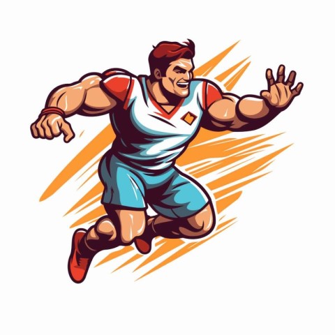 Mascot of a rugby player running with a ball viewed from front o