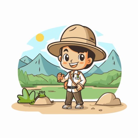 Boy scout with hat and backpack on the background of mountains.