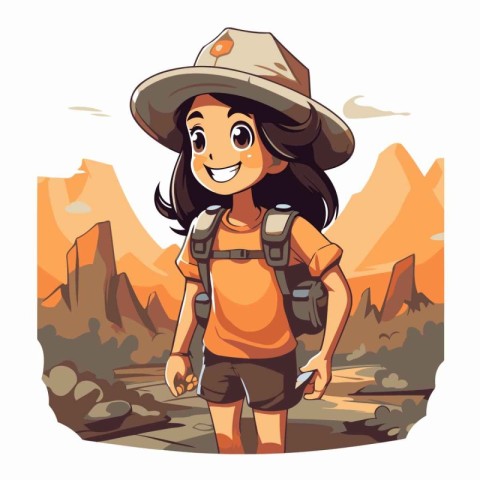 Illustration of a Cute Little Girl Hiking in the Desert