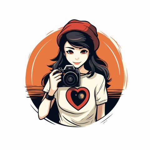 Beautiful hipster girl with camera and heart. Vector illustratio