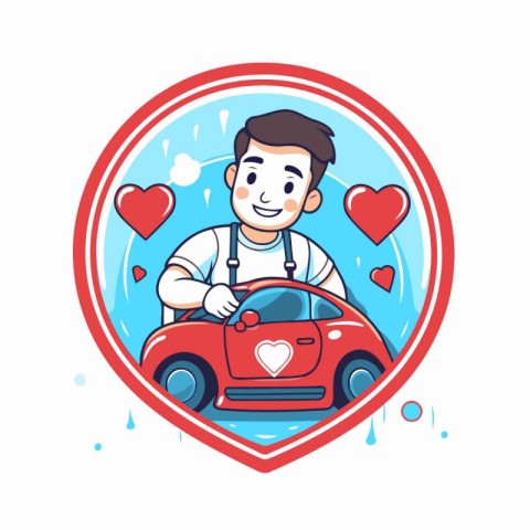 Vector illustration of a man with a car on the background of hea