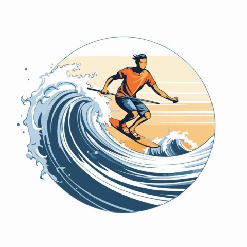 Man skiing on the surfboard on the wave. Vector illustration.