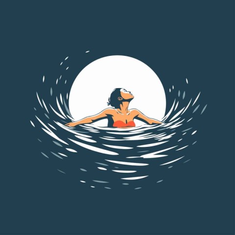 Girl swimming in the sea. Vector illustration on a dark backgrou