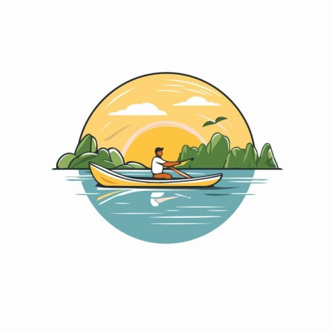 Man rowing a boat on the lake. Flat vector illustration.