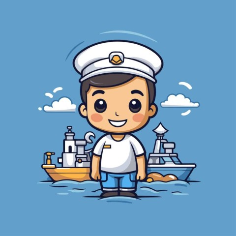 Sailor boy with ship. Cute cartoon vector illustration.