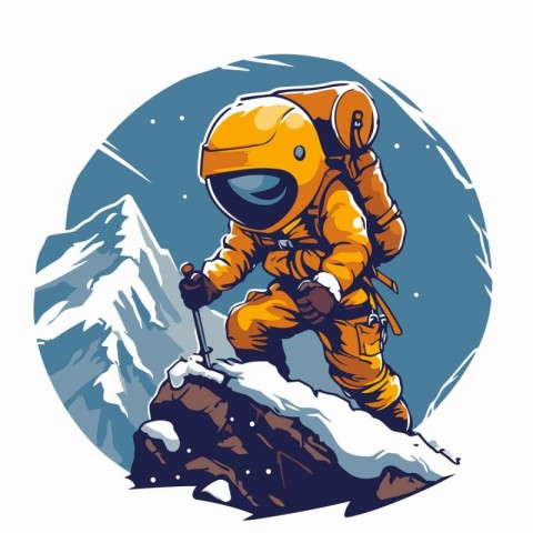 Astronaut on the top of the mountain. Vector illustration.