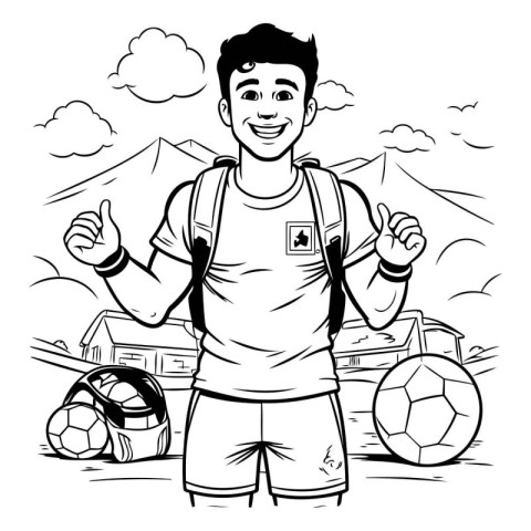 Soccer player with ball cartoon in black and white vector illust