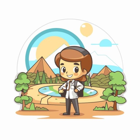 Boy standing in the park cartoon vector illustration. Flat desig