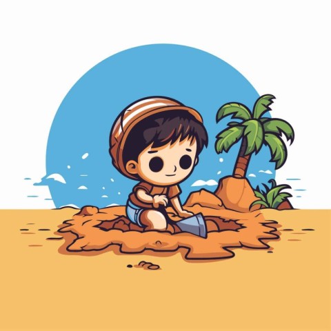 Cute little boy sitting on the beach. Vector illustration in car