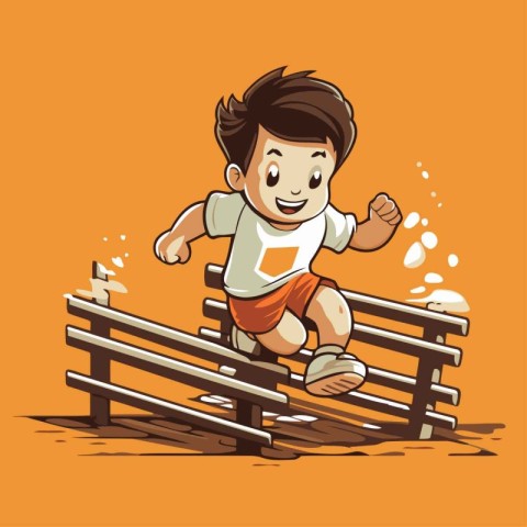 Boy running on a wooden bench. Vector cartoon illustration isola