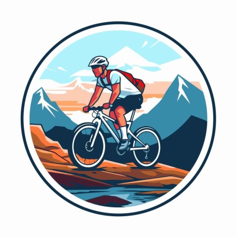 Mountain biker riding mountain bike round icon vector illustrati