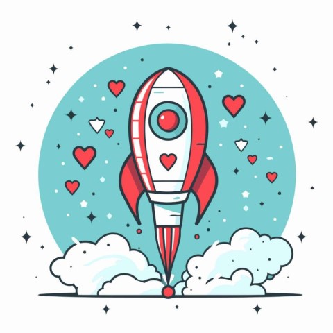 Rocket with hearts. Vector illustration in flat linear style on