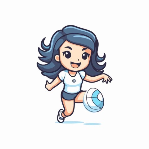 Cute little girl playing volleyball. Cartoon character. Vector i