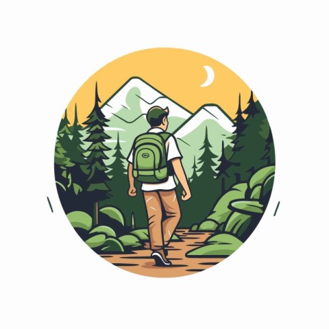 Hiker man with backpack hiking in forest. Vector illustration in