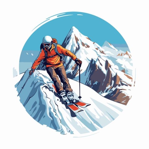 Vector illustration of skier with snowboard on top of mountain.