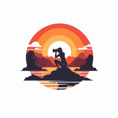 Silhouette of a woman sitting on a rock at sunset. Vector illust