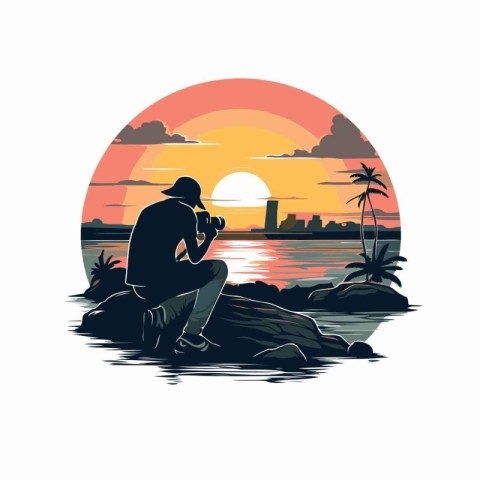 Man sitting on the rocks and looking at the sunset. Vector illus