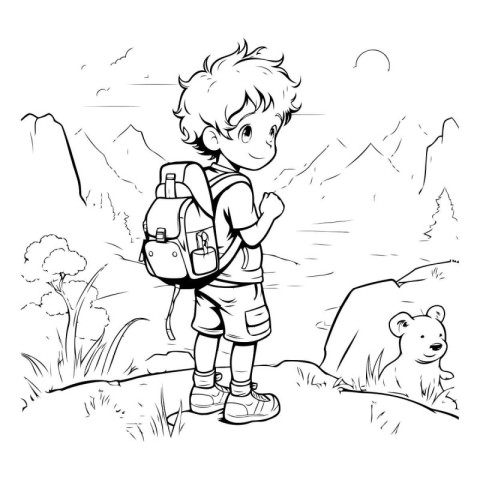 Boy hiking with backpack and bear. black and white vector illust