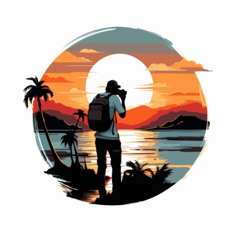 Silhouette of a tourist with a backpack on the background of the