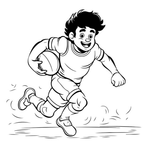 Rugby player running with ball - black and white vector illustra