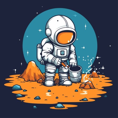 Astronaut with a bucket on the background of the planet. Vector