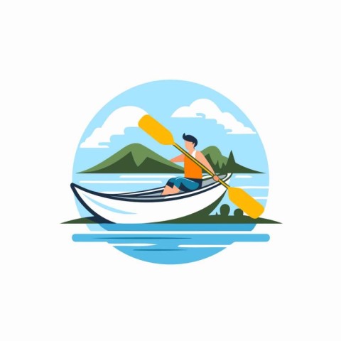 Man in a kayak on the lake. Flat vector illustration.