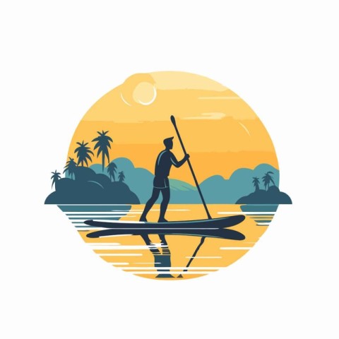 Silhouette of a man in a kayak on the sunset. Vector illustratio