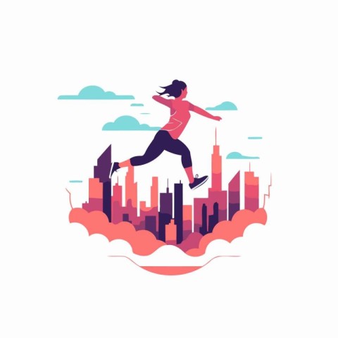 Woman running on the city. Vector illustration in a flat style.