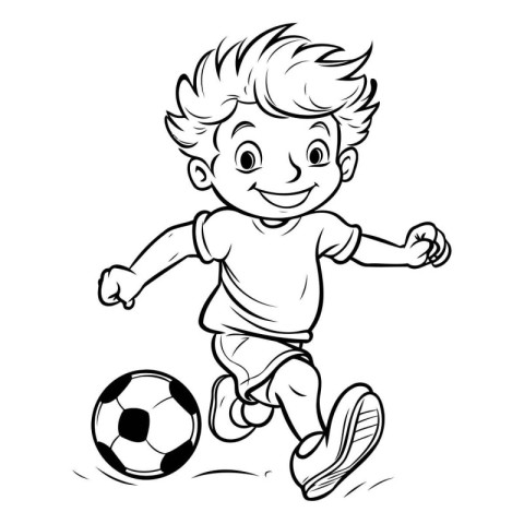 Cartoon boy playing soccer. Black and white vector illustration