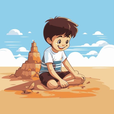 Little boy sitting on the sand and playing with sand castle. Vec