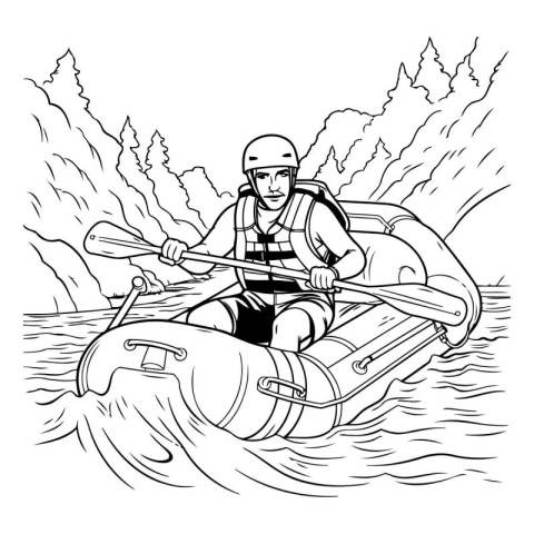 Man paddling in a kayak. Black and white vector illustration.