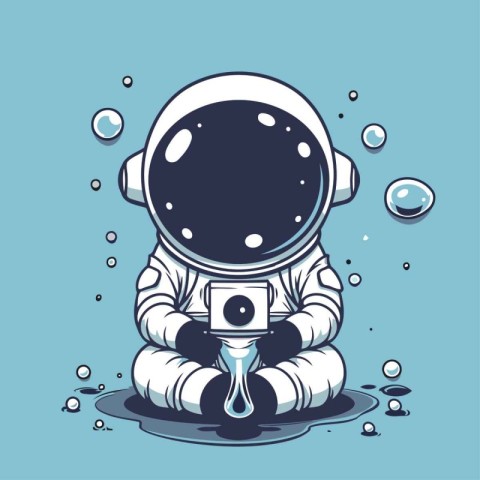 Astronaut sitting in the water and drinking water. Vector illust