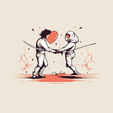 Man and woman fencing vector illustration. Hand drawn sketch of