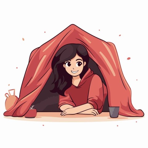 Young woman sitting in a tent. Vector illustration on white back