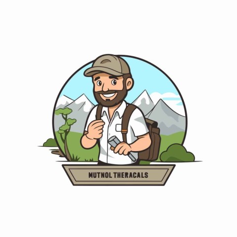 Vector illustration of a hiker with a backpack in the mountains.