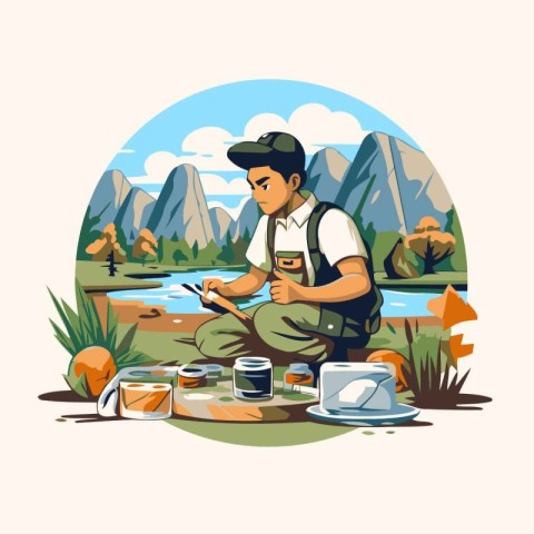 Fisherman with a cup of coffee. Vector illustration in cartoon s