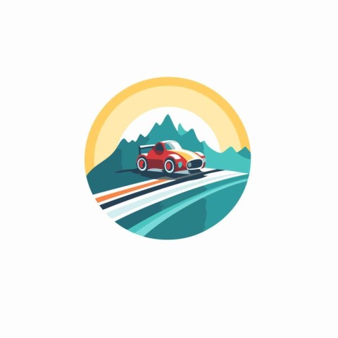 Retro car on the road in the mountains. Vector illustration.