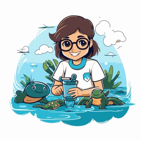 Cartoon girl with a bottle of water and turtle. Vector illustrat