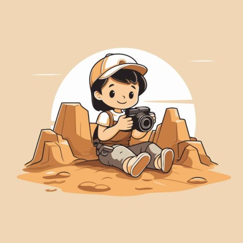 boy with a camera sitting on the sand in the desert. vector illu