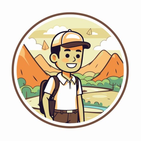 Vector illustration of a tourist man with a backpack in a mounta