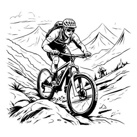 Mountain biker on a mountain road. Vector black and white illust