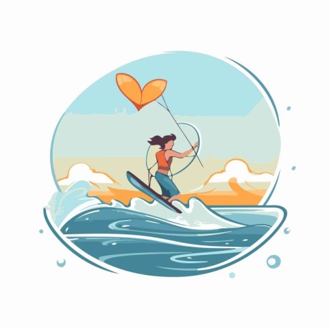 Vector illustration of a woman on a surfboard in the sea.